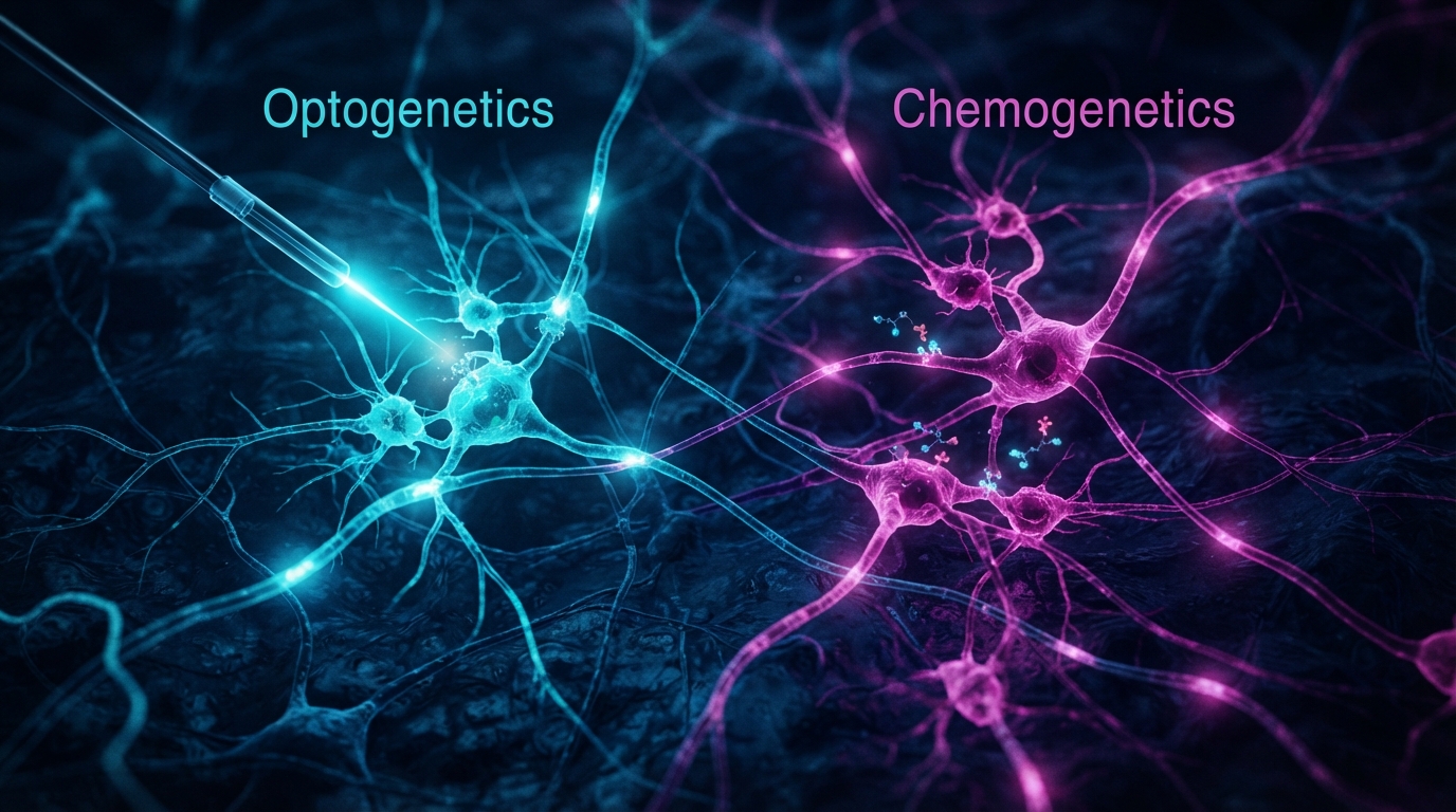 Editorial illustration for Controlling Neural Circuits: A Comparison of Optogenetics and Chemogenetics