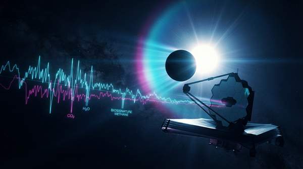 Editorial illustration for How JWST Reads Exoplanet Air: Transmission Spectroscopy and the Hunt for Biosignature Gases