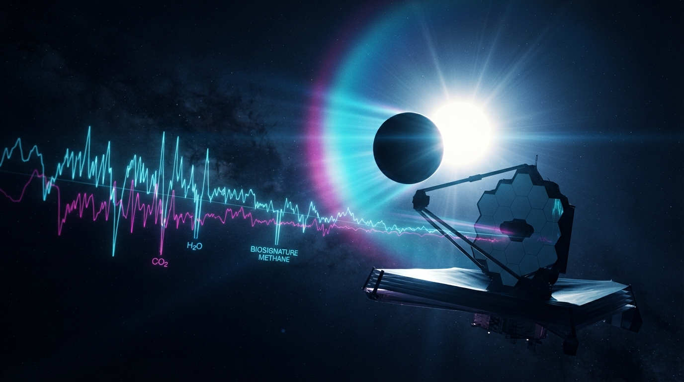 Editorial illustration for How JWST Reads Exoplanet Air: Transmission Spectroscopy and the Hunt for Biosignature Gases