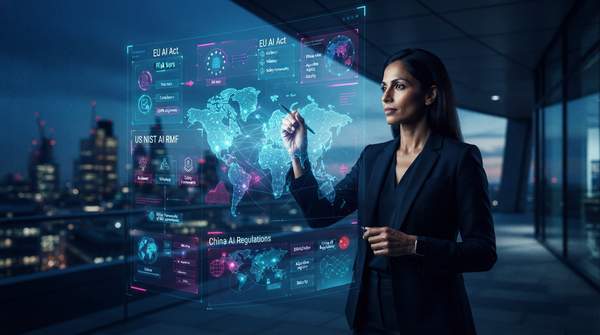 Editorial illustration for Navigating Global AI Governance: A Comparison of the EU AI Act, US NIST AI RMF, and China's Regulations