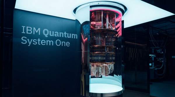 Advanced quantum processor with holographic qubit and error correction visualizations in a futuristic data center, representing IBM's breakthrough.