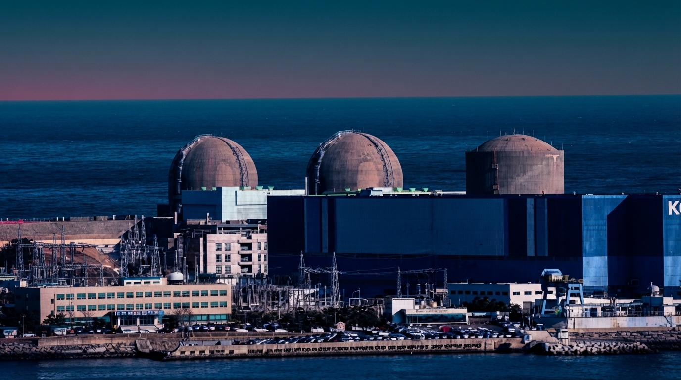 South Korea's futuristic cityscape with AI servers and a nuclear power plant, symbolizing the challenge of meeting AI's energy demand with nuclear power's limited agility.
